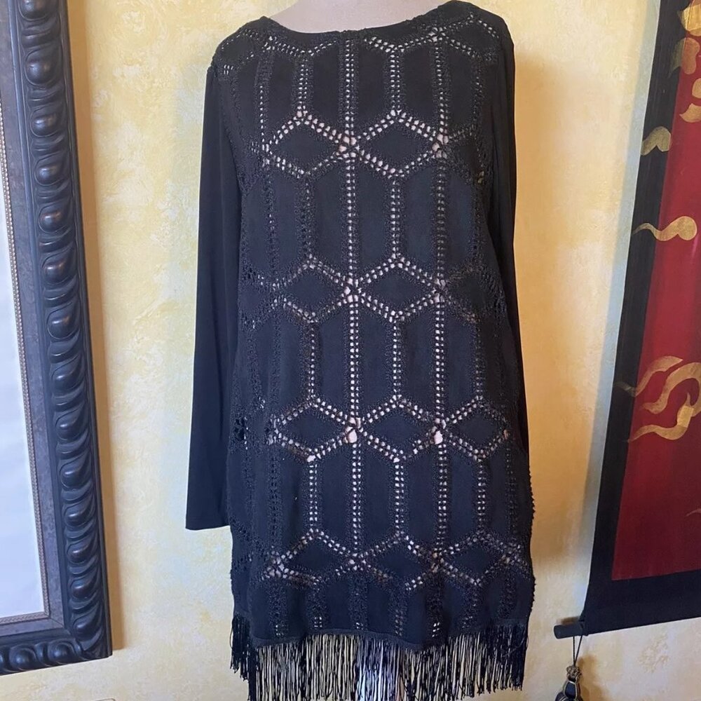 Joseph Ribkoff Black Tunic NWT 10 Patchwork Crochet Faux Suede Fringe Top Dress